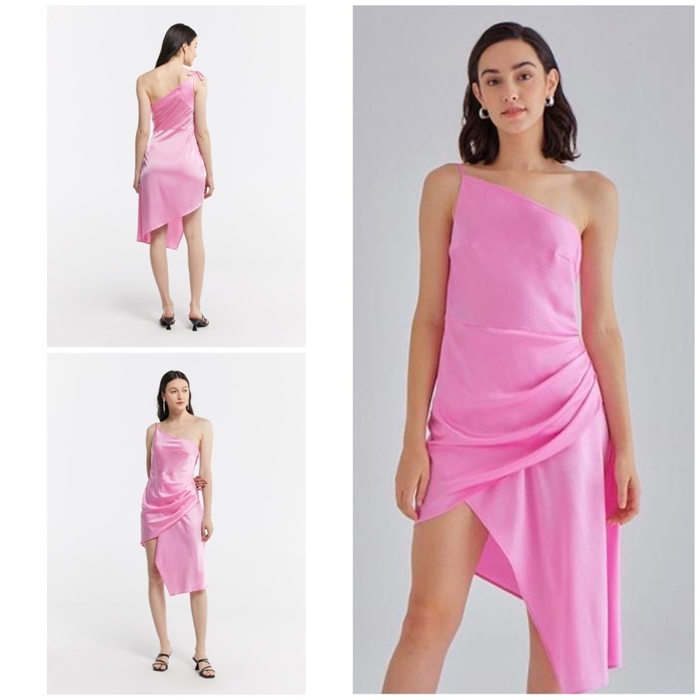 NWT Silk Maison Pink One Shoulder Draped Asymmetrical Ruched Silk Mini Dress XS﻿